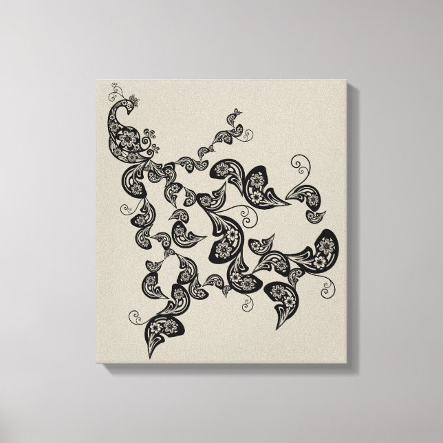 Black Floral Peacock Deko Art Canvas Print (Vorderseite)