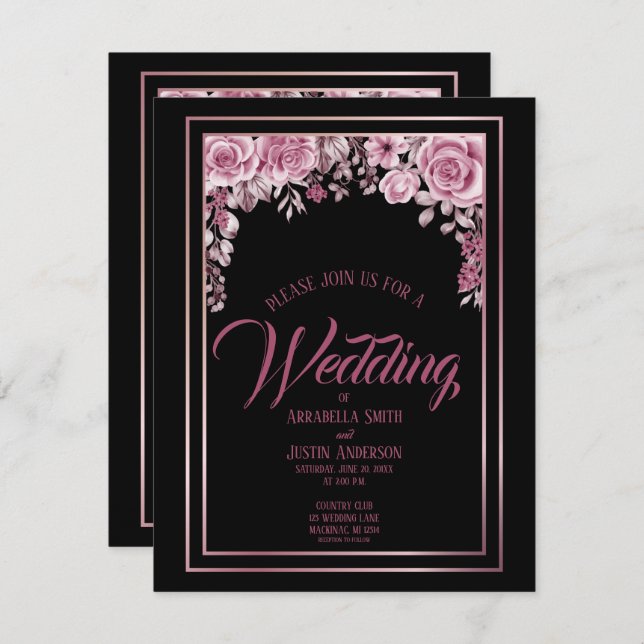 Black Floral Rose Gold Script Hochzeit Einladung (Vorne/Hinten)