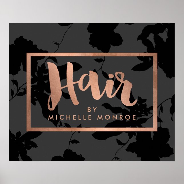 Black Floral Rose Gold Text Hair Stylist Poster (Vorne)