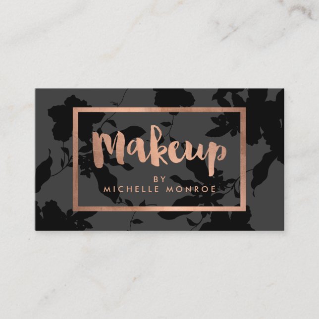 Black Floral Rose Gold Text Makeup Artist Visitenkarte (Vorderseite)