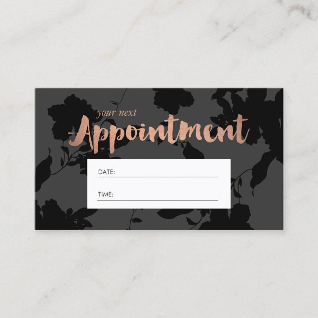 Black Floral Rose Gold Text Salon Ernennung Terminkarte (Vorderseite)