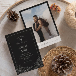 Black Floral Rustic Monogram Photo QR Wedding  Einladung