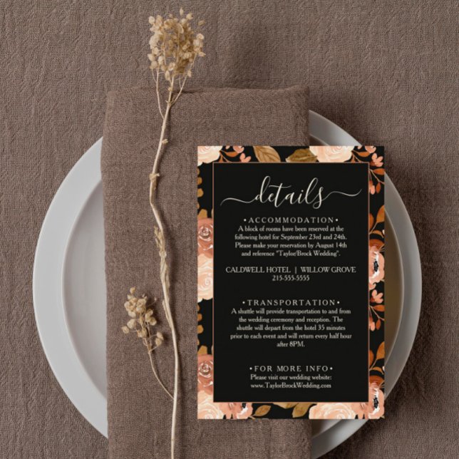 Black Floral Terracotta Wildflower Wedding Details Begleitkarte (Von Creator hochgeladen)