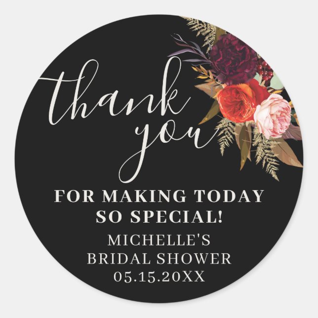 Black Floral Thank You Bridal Shower  Runder Aufkleber (Vorderseite)