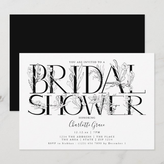 Black Floral Typografy Wedding Brautparty Einladung (Vorne/Hinten)