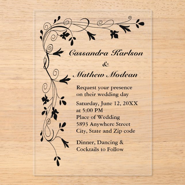 Black Floral Vine Wedding Elegant Botanical Acryleinladungen (Vorderseite)