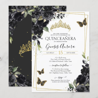 Black Floral Watercolor Gold Butterfly Quinceanera Einladung
