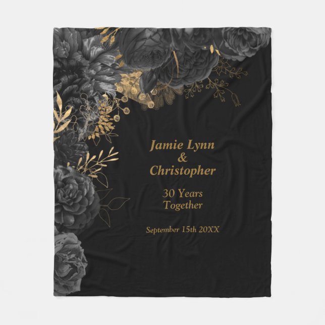 Black Floral Wedding Jubiläum Fleece Blanket (Vorderseite)