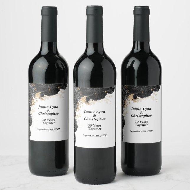 Black Floral Wedding Jubiläum Weinsiegel Weinetikett (Flaschen)