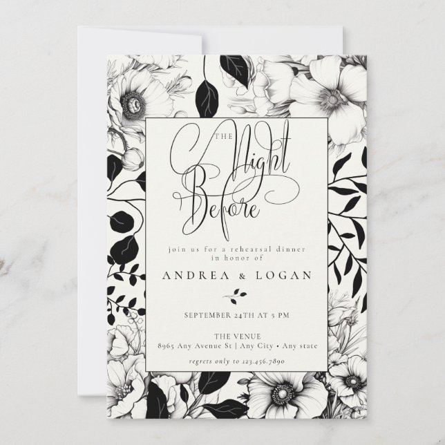 Black Floral Wedding Probe Dinner Einladung (Vorderseite)