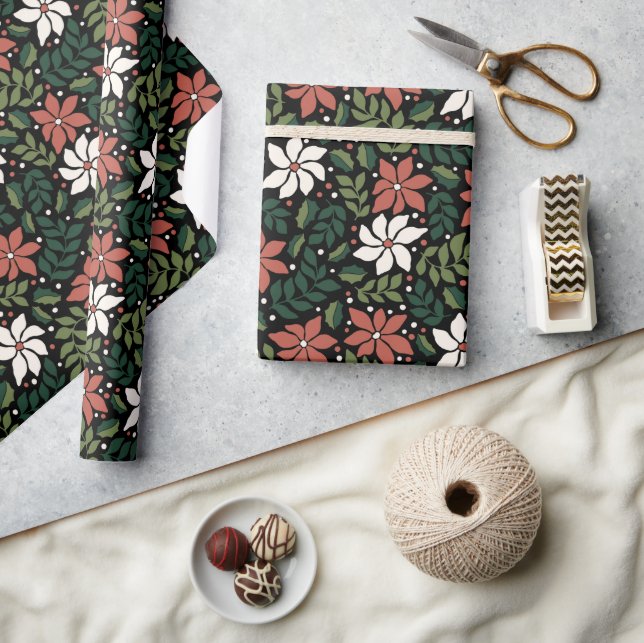 Black Floral Wildblume Weihnachtswrapping Paper Geschenkpapier (Kunsthandwerk)