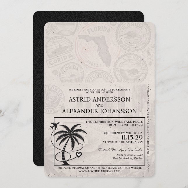 Black Florida Passport Hochzeitseinladung Einladung (Vorne/Hinten)