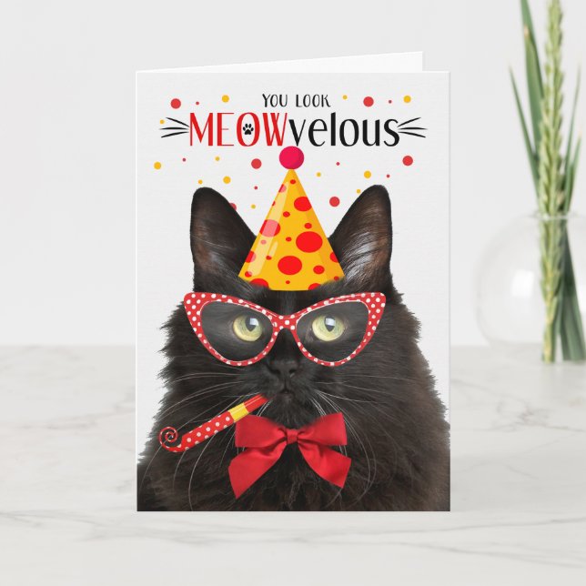 Black Fluffy Cat MEOWvelous Birthday Karte (Vorderseite)