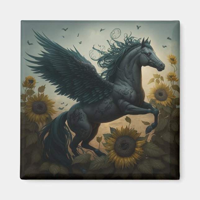 Black Flying Horse Sonnenblumenfantasie Magnet (Vorne)
