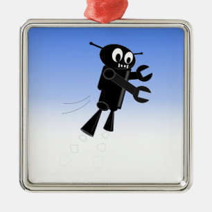 Black Flying Robot Blue Sky Hintergrund Silbernes Ornament