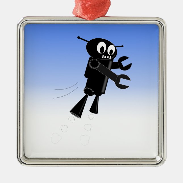 Black Flying Robot Blue Sky Hintergrund Silbernes Ornament (Vorne)