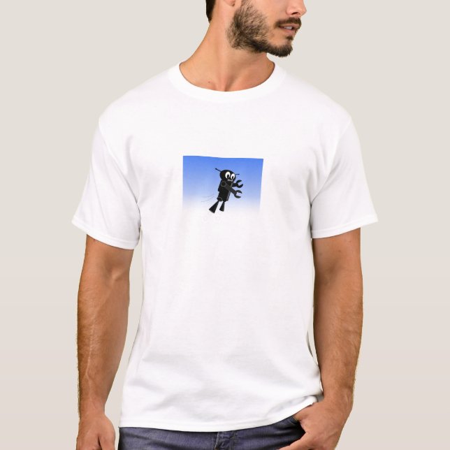 Black Flying Robot Blue Sky Hintergrund T-Shirt (Vorderseite)