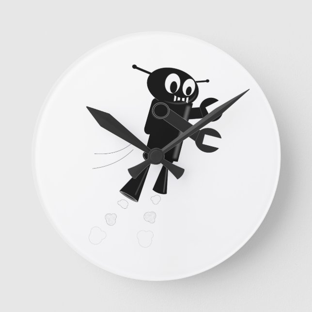 Black Flying Robot Runde Wanduhr (Vorderseite)