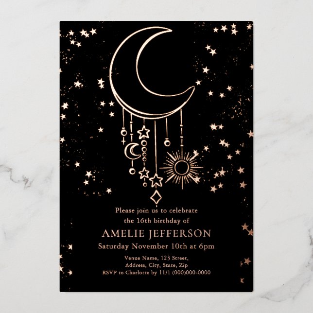 Black Foil Celestial Moon Birthday Foil Einladung (Vorderseite)