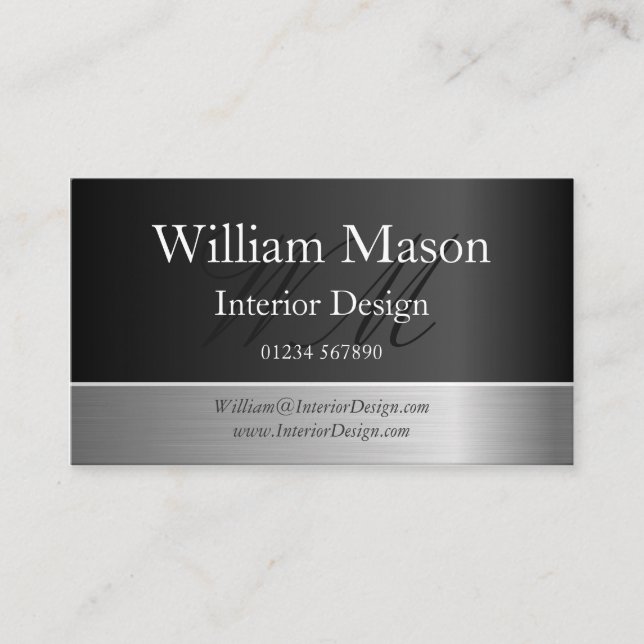 Black Foil & Steel Effect, Monogram Business Card Visitenkarte (Vorderseite)