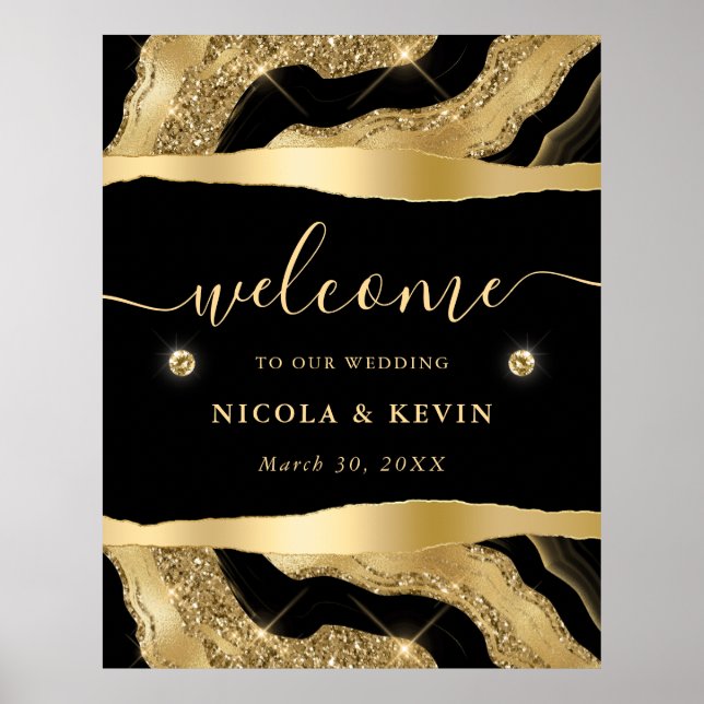 Black Foil und Gold Glitzer Agate Wedding Willkomm Poster (Vorne)