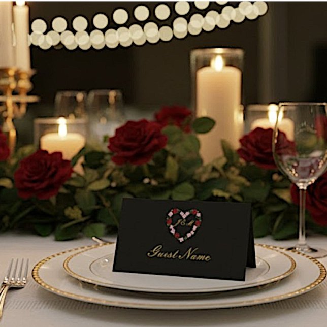 Black folded place card - floral heart Guest name Platzkarte (Von Creator hochgeladen)