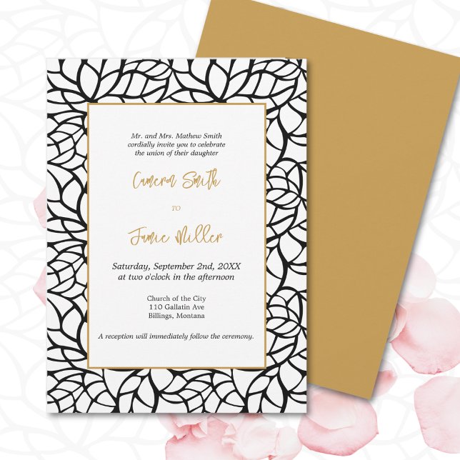 Black Foliage Kontur Aztec Gold Accents Wedding Einladung (Black Foliage Outline Aztec Gold Accents Wedding Invitation)