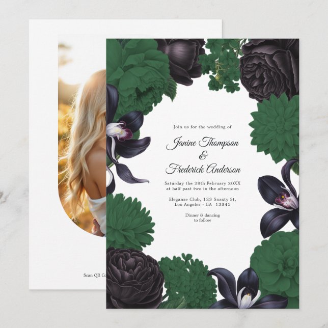 Black & Forest Green Photo/QR Code Floral Wedding Einladung (Vorne/Hinten)