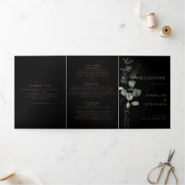 Black Formal Minimal Dreifach-Hochzeitsprogramm Dreifach Gefaltete Einladung