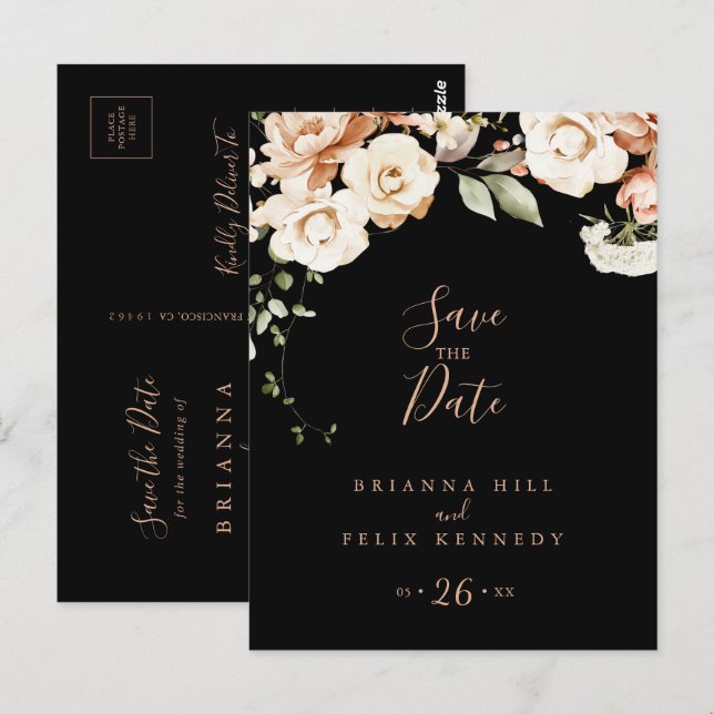 Black Formal Royal Floral Save the Date Postkarte (Vorne/Hinten)