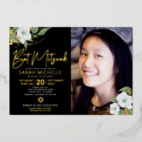 Black Foto Bat Mitzvah Floral Script Real Gold