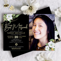 Black Foto Bat Mitzvah Floral Script Real Gold