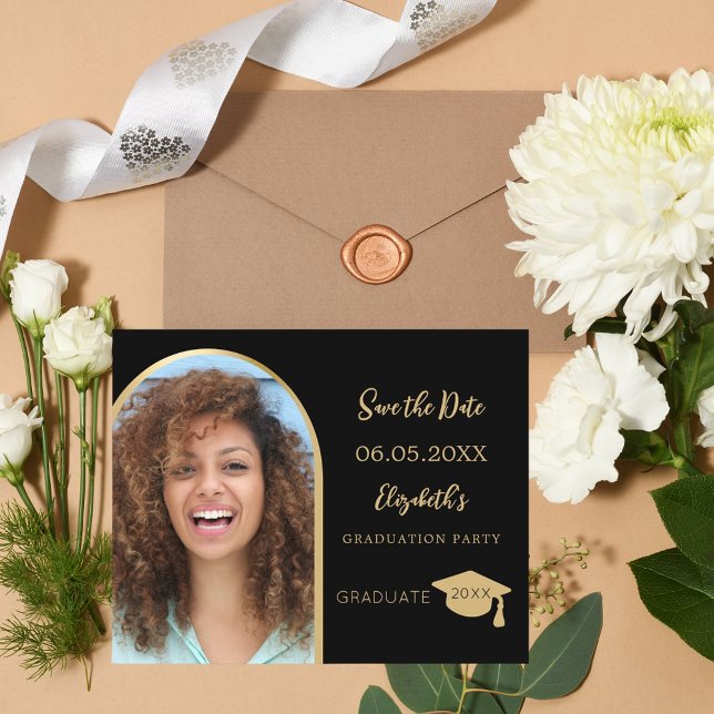 Black Foto Graduation Party Save the Date Karte (Von Creator hochgeladen)