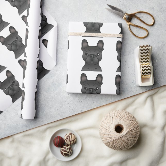 Black French Bulldog Cartoon Head Pattern Geschenkpapier (Kunsthandwerk)