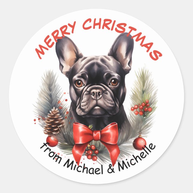 Black French Bulldog Christmas Red Bow Wreath Runder Aufkleber (Vorderseite)