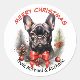 Black French Bulldog Christmas Red Bow Wreath Runder Aufkleber