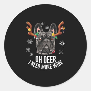 Black French Bulldog Deer Antlers Wine L Runder Aufkleber