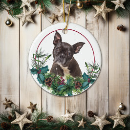 Black French Bulldog Evergreen Berry Wreath Keramik Ornament
