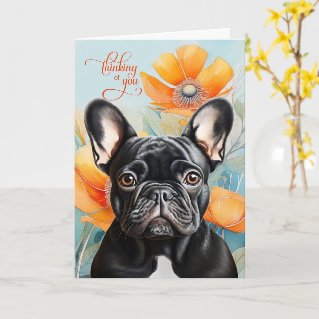 Black French Bulldog Orange Poppy Thinking of You Karte (Gelbe Blume)
