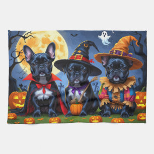 Black French Bulldogs Pumpkin Halloween Funny Funn Geschirrtuch