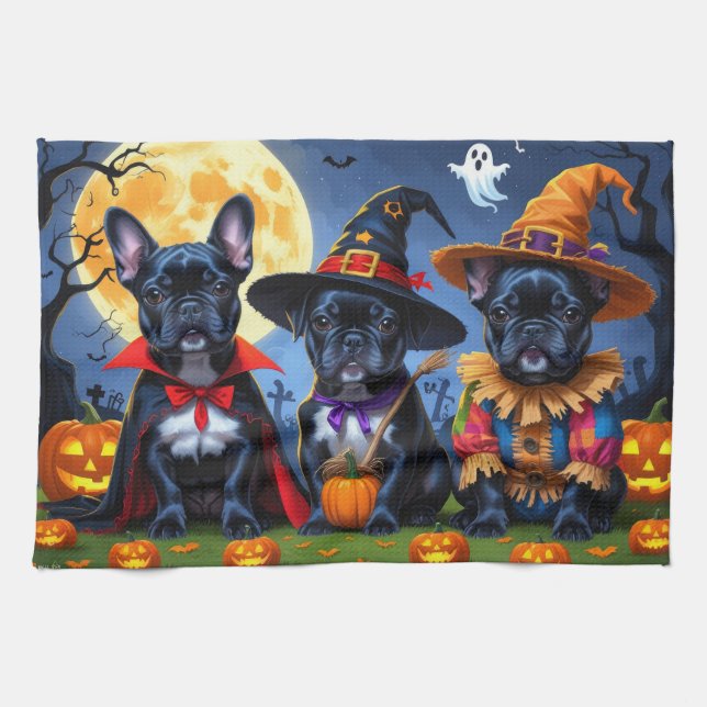 Black French Bulldogs Pumpkin Halloween Funny Funn Geschirrtuch (Horizontal)