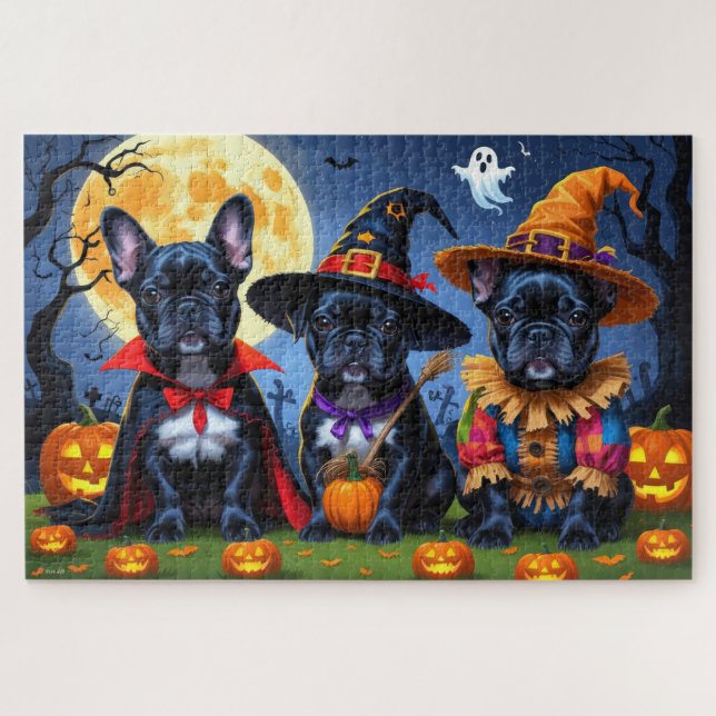 Black French Bulldogs Pumpkin Halloween Funny Funn Puzzle (Horizontal)