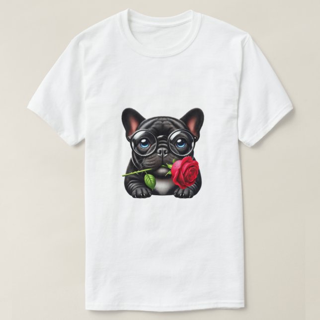 Black Frenchie rote Rose T-Shirt (Design vorne)