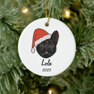 Black Frenchie Weihnachtsmannmütze Weihnachts-Orna Keramik Ornament