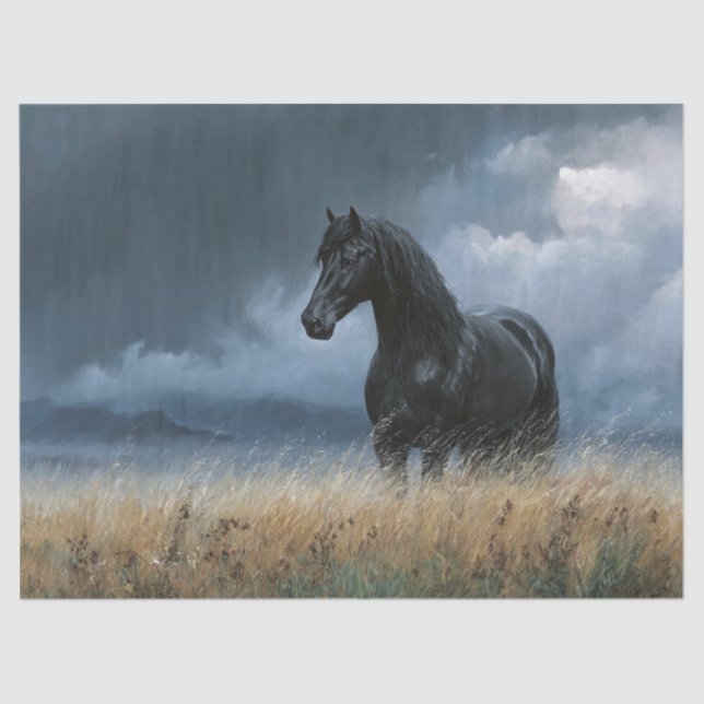 Black Friesian Stallion Dramatischer Dekoupage Seidenpapier (Vorderseite)