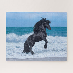 Black Friesian Stallion Rearing In the Sea Puzzle