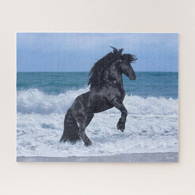 Black Friesian Stallion Rearing In the Sea Puzzle (Horizontal)
