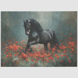 Black Friesian Stallion Red Poppies Decoupage Seidenpapier