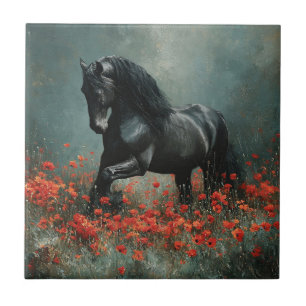 Black Friesian Stallion Red Poppies Fliese