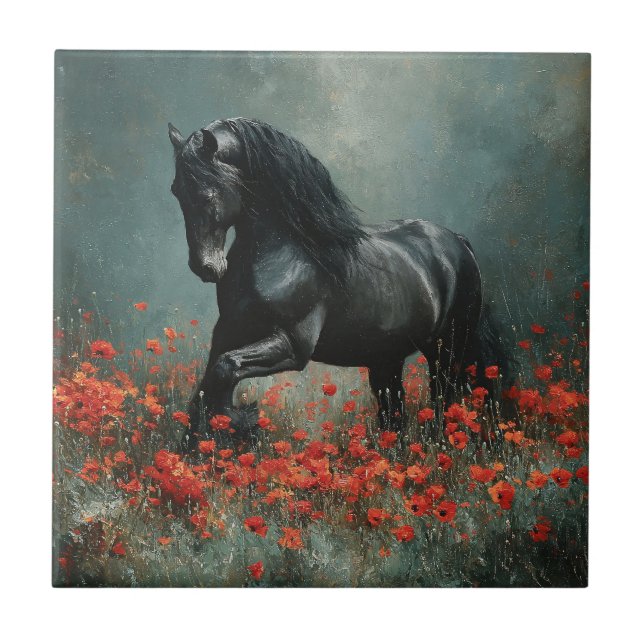 Black Friesian Stallion Red Poppies Fliese (Vorderseite)